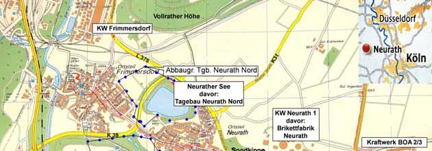 Bild 1: Übersichtsplan zum Braunkohlenbergbau in Neurath (Die Abbaufläche des Tagebaus Neurath erstreckte sich noch ca.