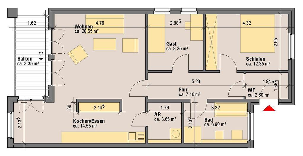 Balkon 3,35 m² Wohnen 20,55 m² Kochen/Essen 14,55 m² Gast 8,25 m²