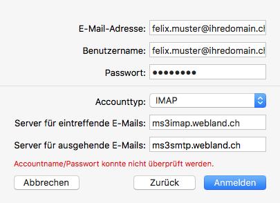 Die Eingabefelder E-Mail-Adresse und Passwort sind bereits ausgefüllt. Als Benutzername geben Sie nochmals die einzurichtende E-Mail Adresse in der Form felix.muster@ihredomain.ch ein.