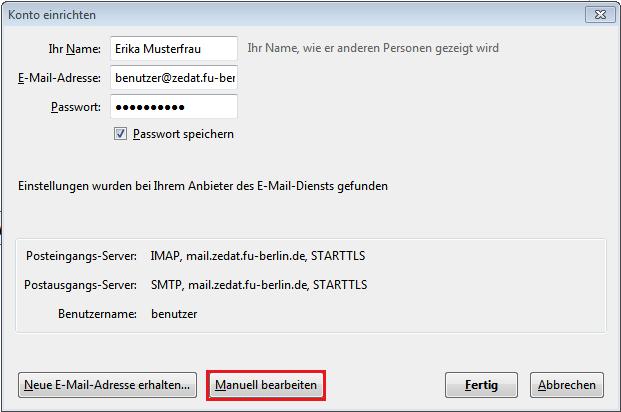 nachname@fu-berlin.de einzurichten. Eine Anleitung dazu finden Sie hier: http://www.zedat.fu-berlin.de/vorname-punkt-nachname Mozilla Thunderbird versucht nun automatisch, die richtigen Einstellungen zur Konfiguration zu ermitteln.