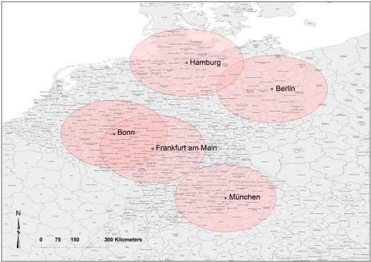 Einzugsgebiete Bevölkerung......und BIP national Bei einem Radius von 150km beträgt die Einwohnerzahl um Bonn 34.725.000.