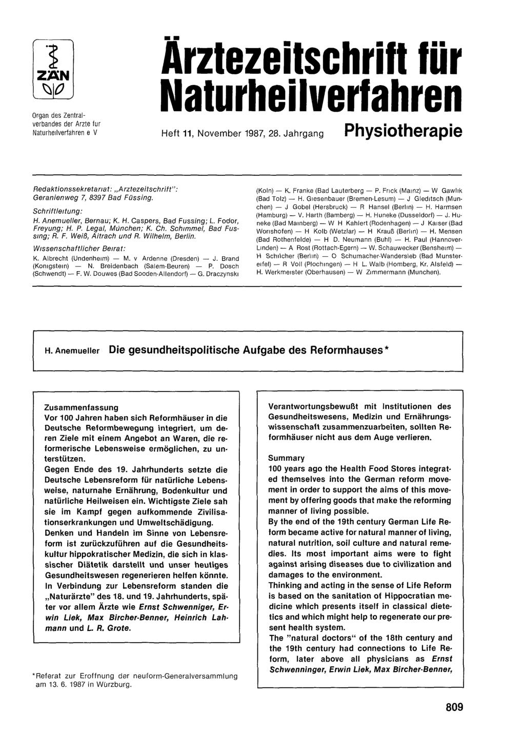 Organ des Zentralverbandes der Arzte für Naturheilverfahren e V Ärztezeitschrift für Naturheilverfahren Heft 11, November 1987, 28.