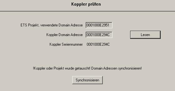 Beim Synchronisieren ist zwischen zwei Möglichkeiten des Abgleichs zu unterscheiden. Über Lesen kann die Seriennummer des Kopplers, sowie seine Domain Adresse ausgelesen werden.