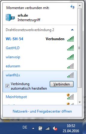 Verbinden mit wlanfh1x unter Windows 7 Klicken Sie mit der linken Maustaste auf Ihrem Desktop rechts unten auf das Netzwerksymbol, wählen Sie anschließend das WLan wlanfh1x und