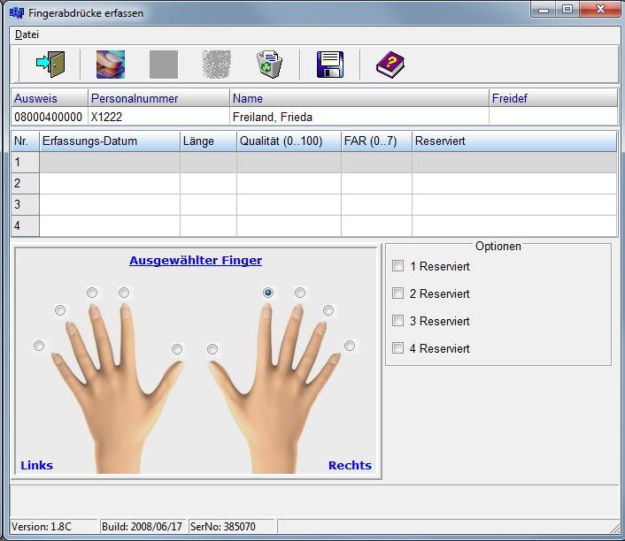 6.2 Einlesen von Fingerabdrücken Nach Anklicken des Icons Fingerabdruck einscannen wird der Benutzer aufgefordert, den zum Einlesen ausgewählten Finger (= Finger,