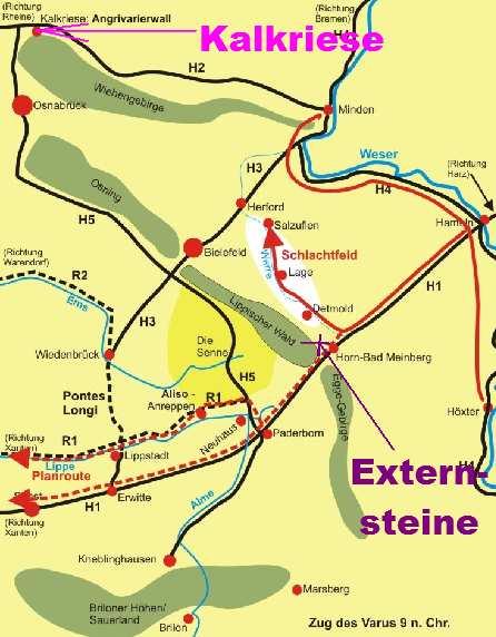 auf heutiger Straße ca. 30 km. Auf dieser Karte biegt Varus vor den Externsteinen ab [vgl. Karte in Artikel 850, S.