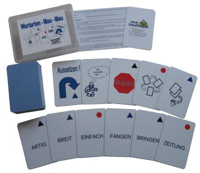 Zusatzmaterial Wortarten - Mau-Mau (mit Montessori-Wortartensymbolen) Bei diesem Kartenspiel in Anlehnung an die Regeln von Mau-Mau geht es um das Unterscheiden der Grundwortarten Substantiv (Nomen),