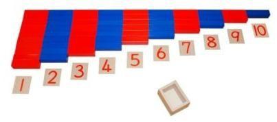 Numerische Stangen 10 Numerische Stangen aus Holz von 10 bis 100 cm Länge - in 10-cm-Abstufung abwechselnd rot und blau gefärbt.