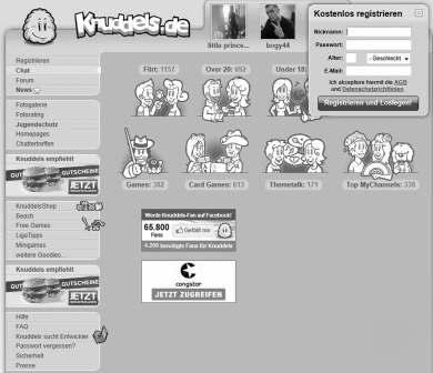 SOCIÁLNE SIETE A 3.6 Knuddels prehľad Knuddels prehľad Ďalšiu chatovaciu miestnosť nájdeme na www.knuddels.de. Táto internetová stránka umožňuje okrem iného zdieľať dáta na sociálnej sieti.