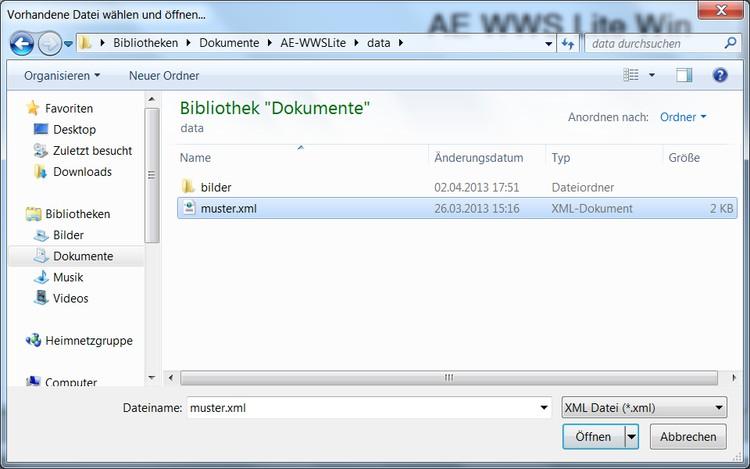 Unsere Demodatenbank (zum Spielen und Testen) finden Sie im Verzeichnis \Dokumente (Windows XP: \Eigene Dateien) im Unterordner \AE-WWSLite im Verzeichnis \data.