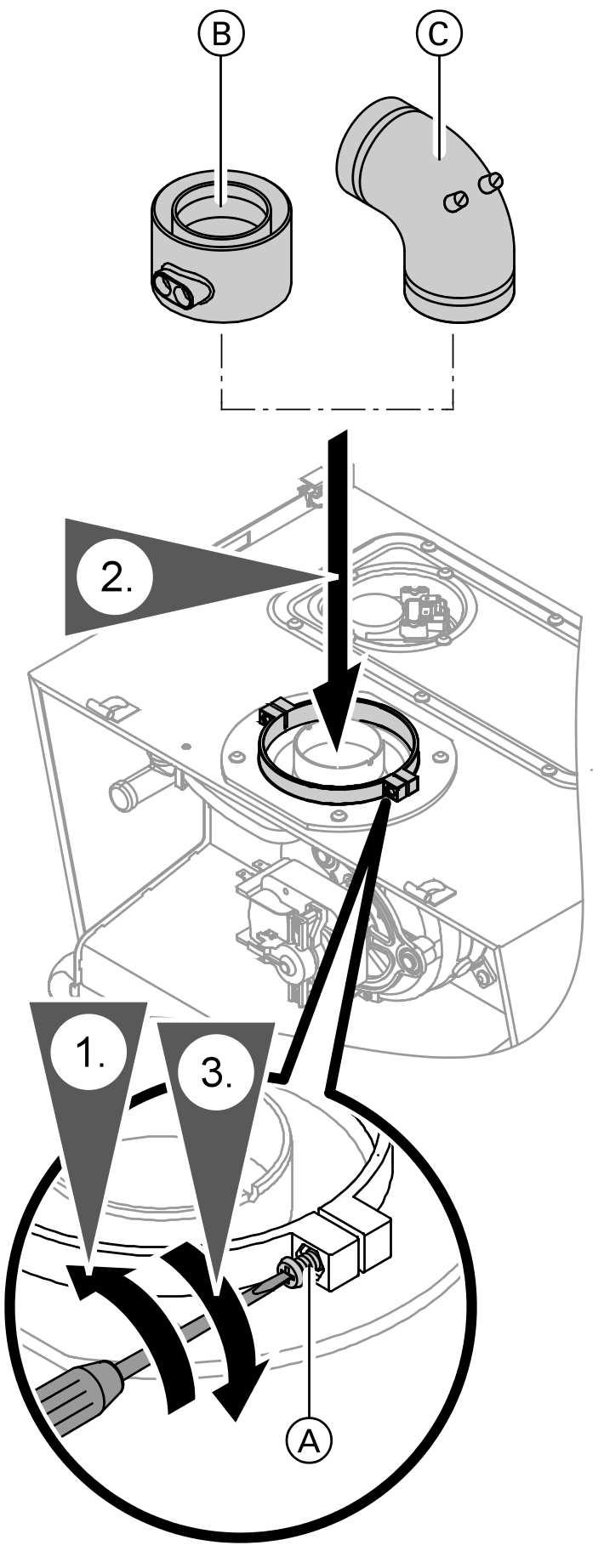 Abgasanschluss (Fortsetzung) Raumluftunabhängiger Betrieb 1. Spannschrauben am Kesselanschlussflansch lösen. 2. Kesselanschluss-Stück einstecken. 3. Spannschrauben anziehen.