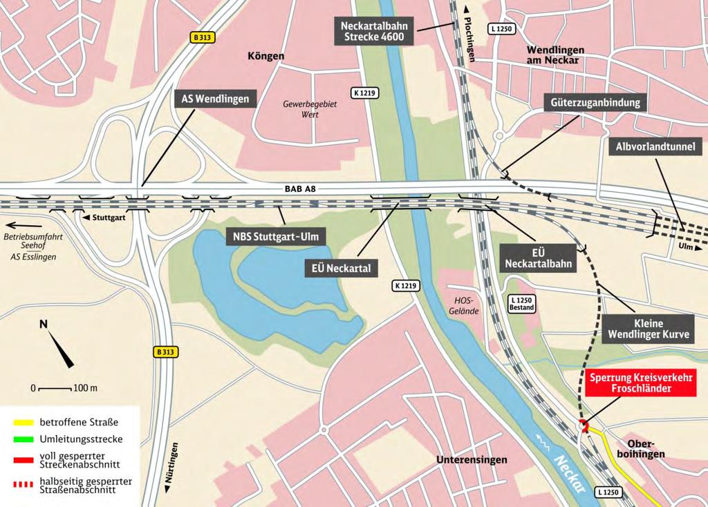 Arbeiten zum Anschluss des KWK-Tunnels im Bereich Oberboihingen Kleine Wendlinger Kurve Trog: 145,30m Tunnel offenen Bauweise: Nord: 55,5m Süd: 55,2m Tunnel geschlossener Bauweise: 383,5m Während der