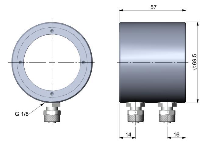 -20-4.3 Wasserkühlgehäuse Zur Vermeidung von Kondensationsbildung auf der Optik sollte zusätzlich der Freiblasvorsatz montiert werden. Wasserdurchfluss: ca.