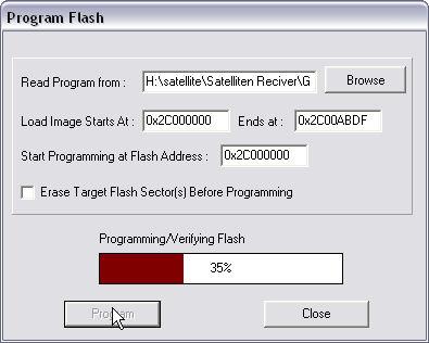 Drücke dann auf Button Program und der Flash wird jett programmiert. Wenn Programmier Vorgang abgeschlossen ist Siehe Bild drücke auf Close.