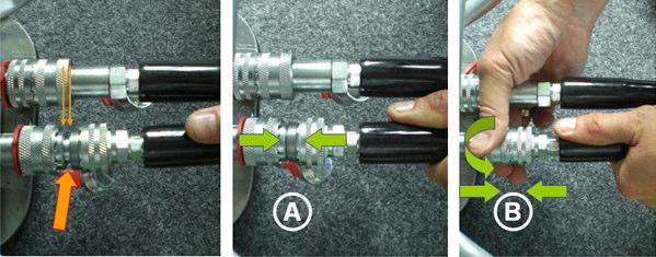 Anschluss des Hydraulik Werkzeuges Zum Anschließen eines Werkzeuges ausschließlich zugelassene Hydraulikschläuche (Prüfdruck 2800 bar) verwenden.