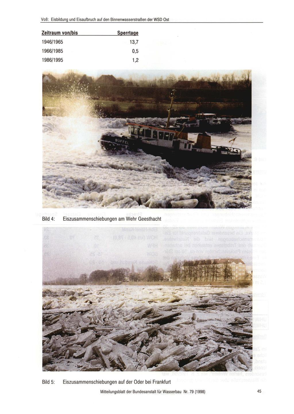 Voß: Eisbildung und Eisaufbruch auf den Binnenwasserstraßen der WSD Ost Zeitraum von/bis 1946/1965 1966/1985 1986/1995 Sperrtage 13,7 0,5 1,2 Bild 4:
