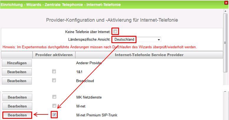 Provider-Konfiguration und -Aktivierung für Internet-Telefonie Keine Telefonie über Internet: -> deaktivieren Länderspezifische Ansicht: Deutschland Internet-Telefonie