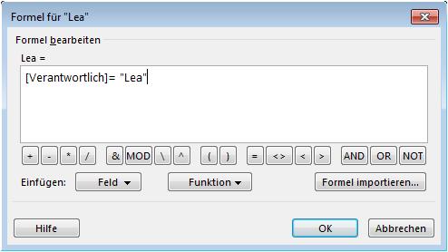 Geben Sie einen Namen für die Textspalte ein. (im Beispiel: Lea) 7. Klicken Sie auf die Schaltfläche: FORMEL. 8. Geben Sie die Formel für die Abfrage der Bedingung ein.