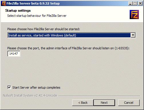 6. Startmodus Install as service, started with Windows (default) von FileZilla wählen und den Port 14147 eintragen.