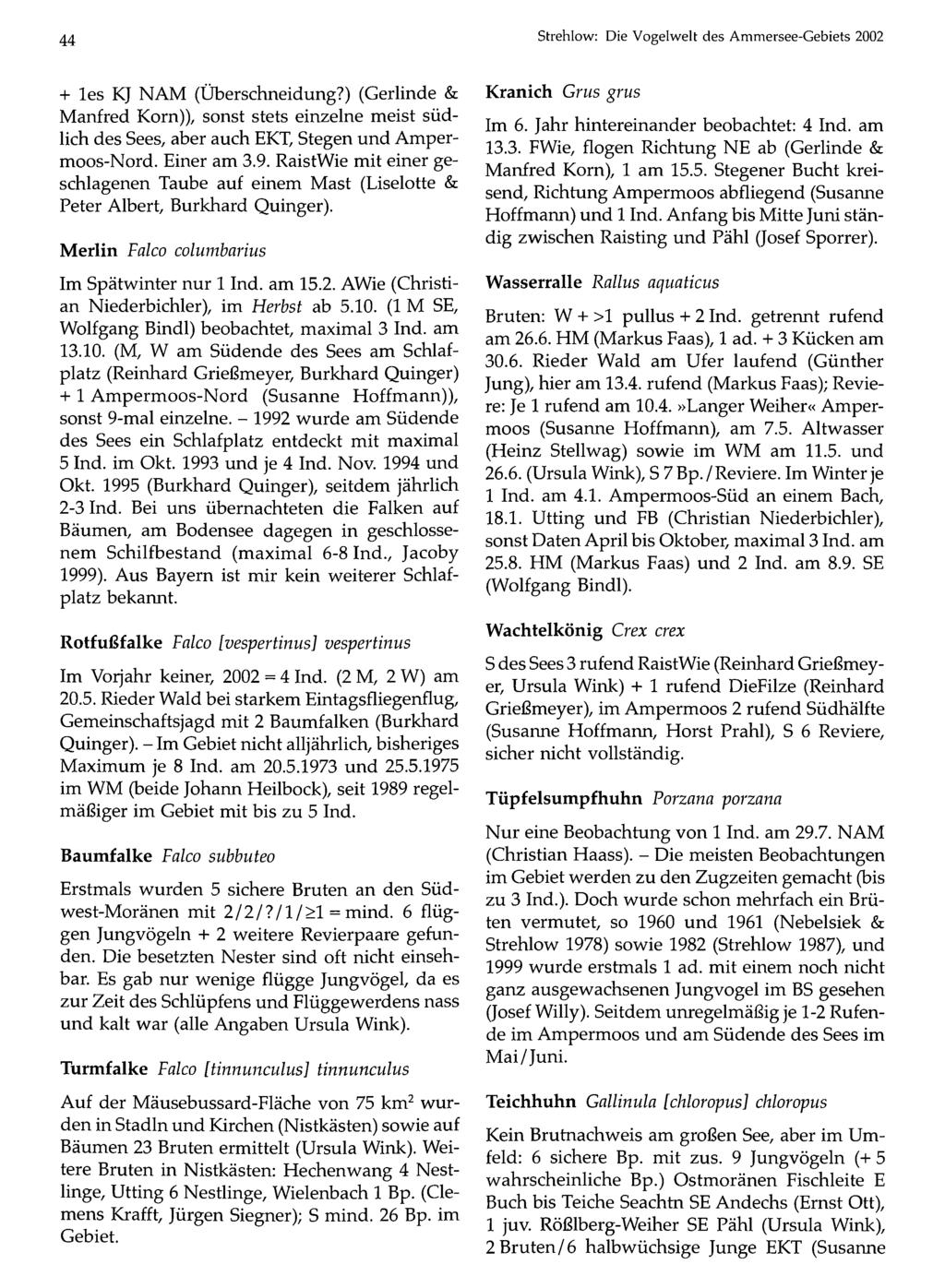 44 Ornithologische Gesellschaft Bayern, download unter Strehlow: www.biologiezentrum.at Die Vogelwelt des Ammersee-Gebiets 2002 + les KJ NAM (Überschneidung?