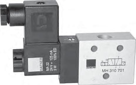 MH 310 701 Magnetventile Standard-Magnetventil, 3/2-Wege, G 1/4 MH 310 701 3/2-Wege-Magnetventil normalerweise durch Dauersignal angesteuert. Mit pneumatischer Federrückstellung.