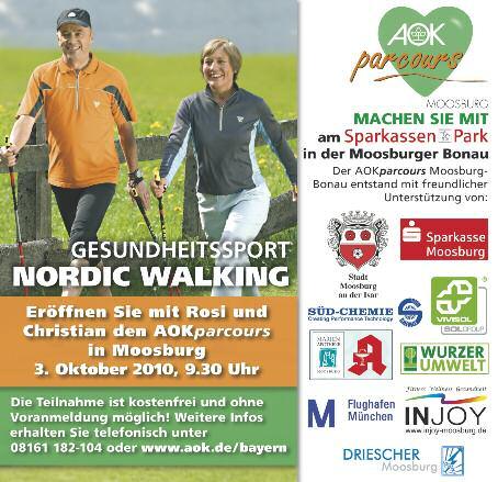 Lauf mit! Am 3. Oktober 2010 wird in Moosburg der 26. AOKparcours in Bayern eröffnet zusammen mit Rosi Mittermaier und Christian Neureuther.