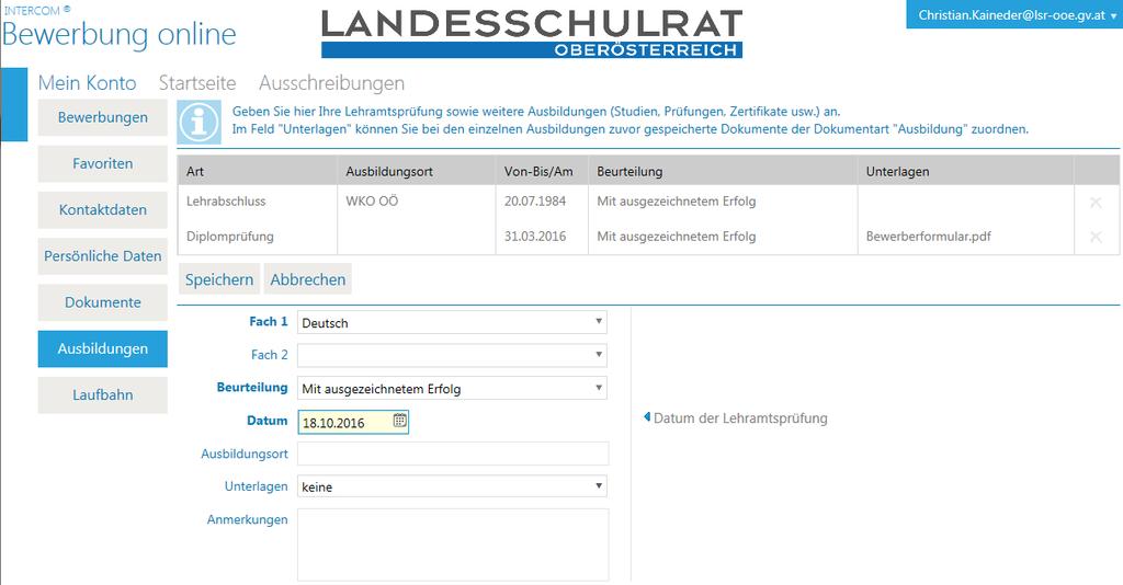 Im Feld Unterlagen können Sie die gespeicherten Dokumente den hinzugefügten Einträgen der Ausbildungen bzw.