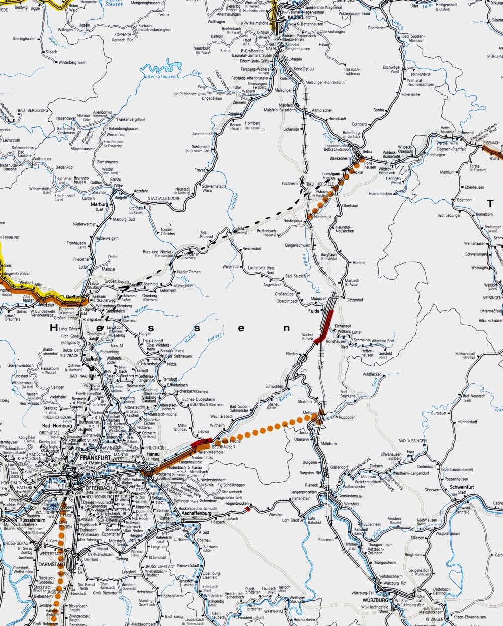 Denkbare Neukonzeption der Eisenbahnstrecke ABS/NBS Hanau - Fulda / Würzburg Erfurt Seite 6 1.4 Skizze: Das Projekt im Vergleich zu den Planungen des BVWP 2003 bzw.