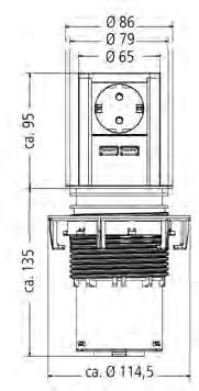 Steckdoseneinheit Bohrung Ø 80 (+/-1) mm inbauhöhe 135 mm levator USB inbau-steckdosenelement, Aluminiumgehäuse, 1 Schuko-Steckdose