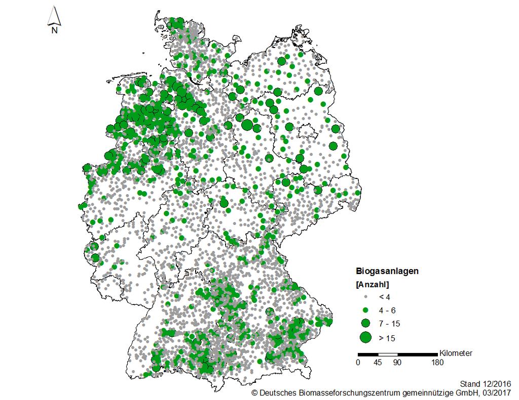 Anlagen zur Biogaserzeugung mit Vor-Ort-Verstromung Abbildung 5-1: Standorte der in Betrieb befindlichen Biogasanlagen (Vor-Ort-Verstromung und Satelliten-BHKW) in Deutschland, ohne