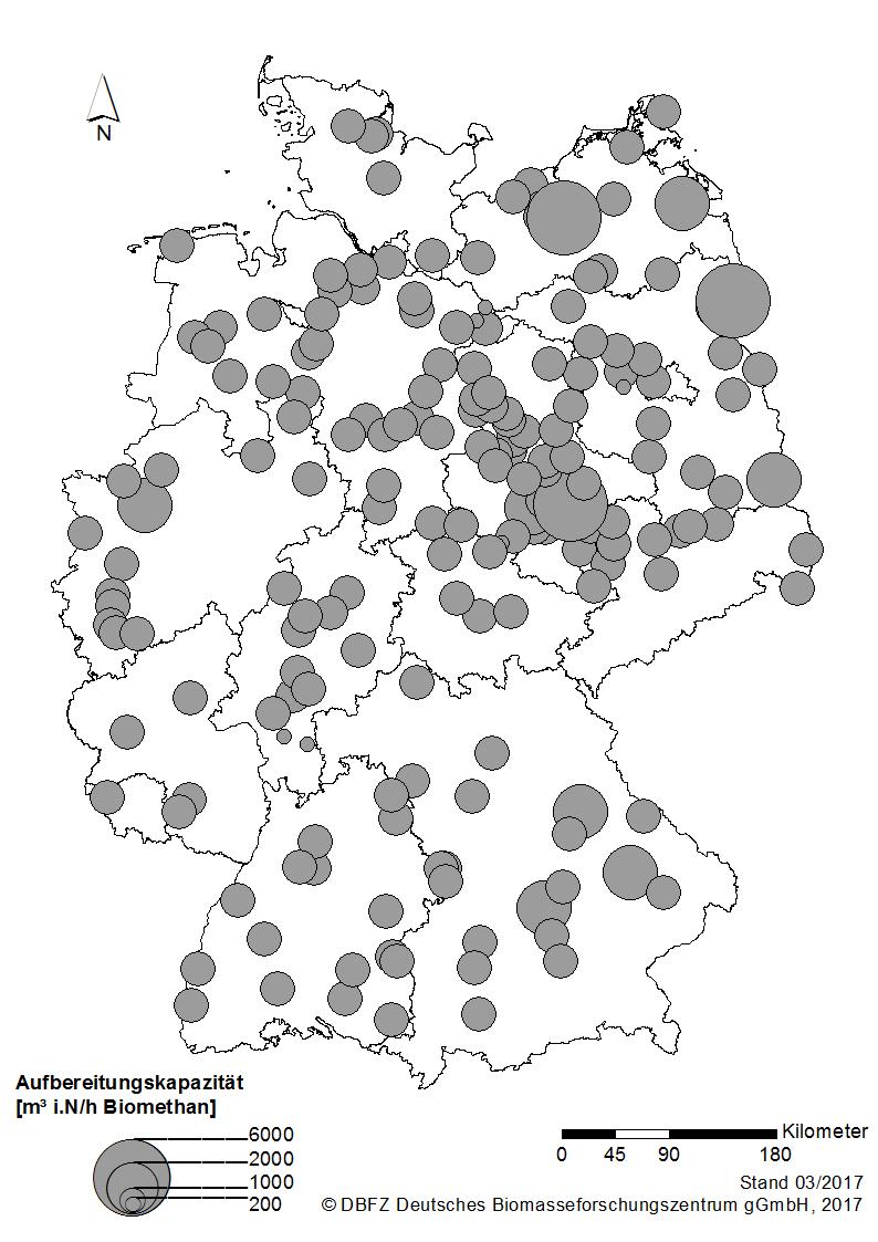 Anlagen zur Biomethanerzeugung A B Abbildung 6-4: A: Standorte der Ende 2016 in Betrieb befindlichen Biogasaufbereitungs- und einspeiseanlagen in Deutschland differenziert nach Aufbereitungskapazität