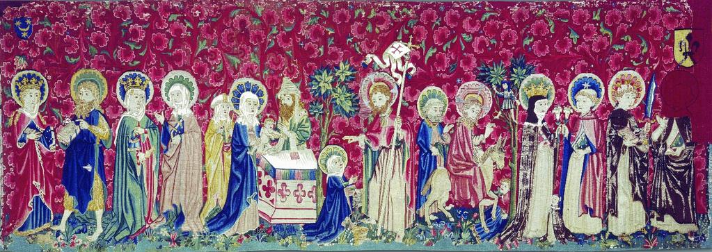 2017 / Nr. 56 Seite 13 Der Basler Teppich zeigt drei Szenen aus dem Leben Christi, die von Heiligen flankiert werden: links Agnes, Johannes der Täufer, Elisabeth, Cäcilie(?