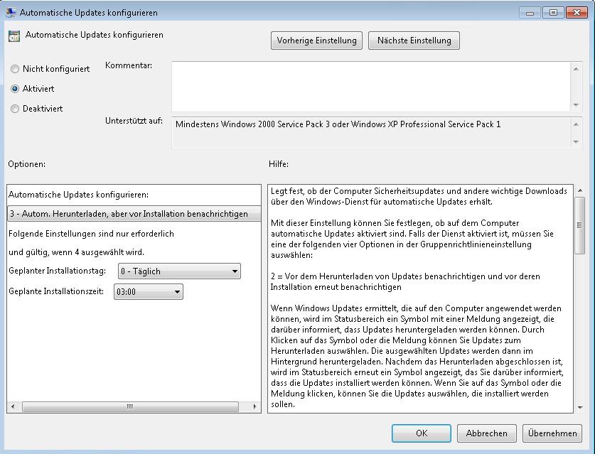 Einrichtung von WSUS auf Computern mit Windows-Betriebssystem an der Universität Hamburg 3 i. Automatische Updates konfigurieren Die automatischen Updates müssen zunächst eingeschaltet werden.