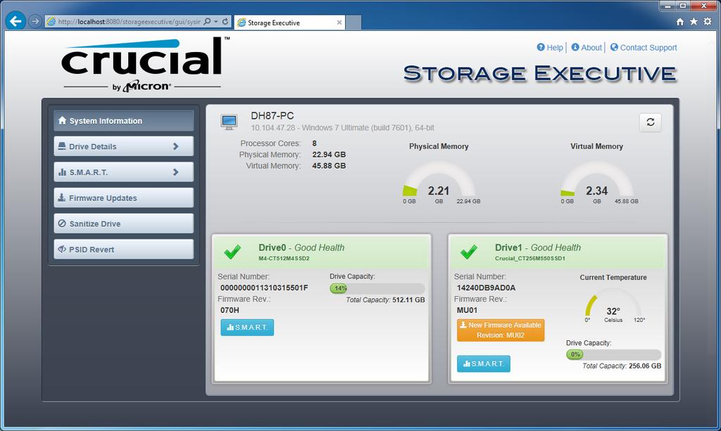 Wenn Storage Executive gestartet wird, wird der Bildschirm System Information in Ihrem Standardbrowser angezeigt.