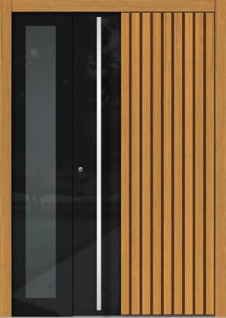 H311 Holzart: Eiche Türblatt außen mit Holzleisten dekoriert Farbe: E12 Glas-Applikation außen: Parsol grau, Email schwarz Griff: GS-LA