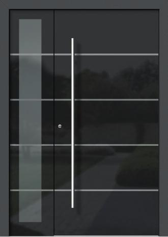 HA302 Farbe Alu Rahmen außen: DB703 FS Türblatt außen: Glas Parsol grau mit Email schwarz, Streifen grau Griff: GR150