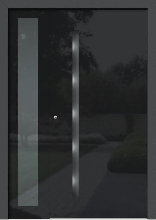 Rahmen außen: RAL9007 glatt Farbe Türblatt außen: DECO 0427 Beton Glas: Parsol grau mit Email schwarz, mittlere Scheibe