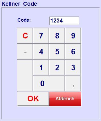 Feld Code: Im Feld Code kann der Kellnerschlüssel-Code eingelesen werden. Dazu gehen Sie mit dem Cursor in dieses Feld und stecken den Kellnerschlüssel an. Folgen Sie dem Hinweis am Bildschirm.