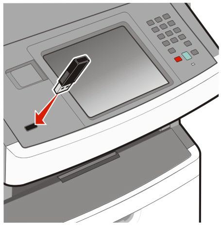 Drucken von einem Flash-Laufwerk An der Bedienerkonsole des Druckers befindet sich ein USB-Anschluss. Schließen Sie hier ein Flash-Laufwerk an, um unterstützte Dateitypen auszudrucken.