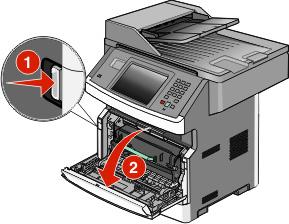 Gehen Sie folgendermaßen vor, wenn das Papier nicht ausgegeben wird: 1 Öffnen Sie die hintere Klappe. VORSICHT - HEISSE OBERFLÄCHE: Das Innere des Druckers kann sehr heiß sein.