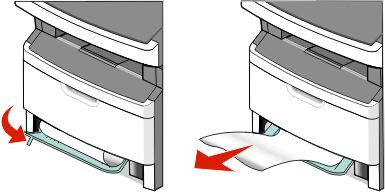 233 Papierstau 1 Entfernen Sie das Fach aus dem Drucker. 2 Suchen Sie den gezeigten Hebel. Ziehen Sie ihn nach unten, um die gestauten Blätter zu entfernen. 3 Schieben Sie das Papierfach ein.