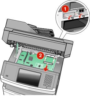 d Entfernen Sie die Rändelschrauben an der Halterung für die Druckerfestplatte und nehmen Sie die Halterung heraus.