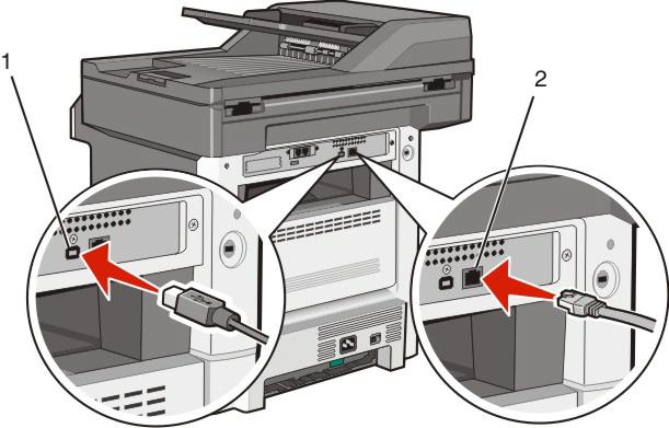1 USB-Anschluss 2 Ethernet-Anschluss Überprüfen der Druckereinrichtung Drucken Sie Folgendes aus und überprüfen Sie, ob der Drucker richtig konfiguriert ist, nachdem Sie die Hardware- und