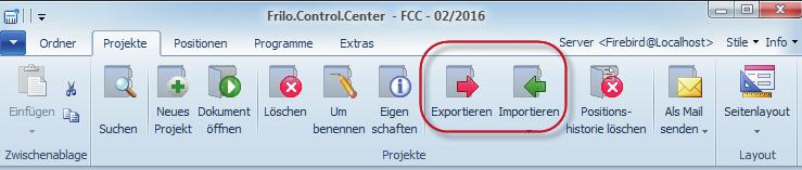 FCC Projekte exportieren/sichern, importieren/wiederherstellen Exportieren Sichern von Projekten in einem wählbaren Ordner Standard einstellung ist D:\FriloStatik\Backup als Datei(en) mit der Endung.