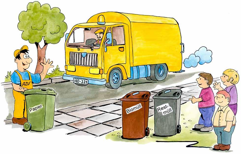 Heute bin ich zu Besuch im Kindergarten. Ich möchte den Kindern die Müllabfuhr zeigen. Wir sehen uns gemeinsam die drei verschiedenen Mülltonnen an.