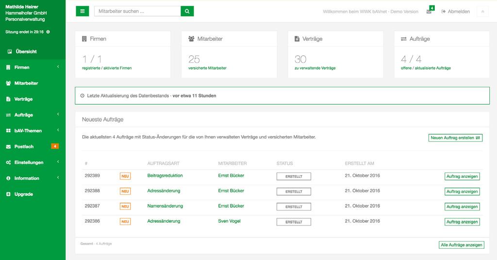 WWK bavnet Zentrale Übersicht / Dashboard Auf der zentralen Übersichtsmaske unseres Portals erhalten Sie einen