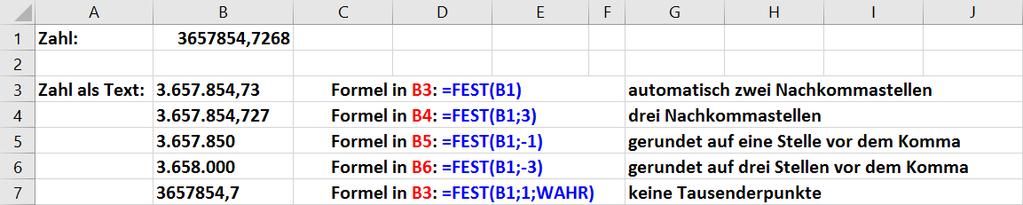Funktionen in Excel 2016 (Beispiele) Seite 18 von 23 FEST Formatiert eine Zahl als Text mit einer festen Anzahl von Nachkommastellen. Dabei wird automatisch auf- oder abgerundet.