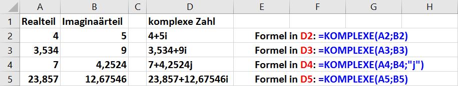 Funktionen in Excel 2016 (Beispiele) Seite 22 von 23 KOMPLEXE Wandelt den Real- und Imaginärteil in eine komplexe Zahl um (x + yi oder x + yj).
