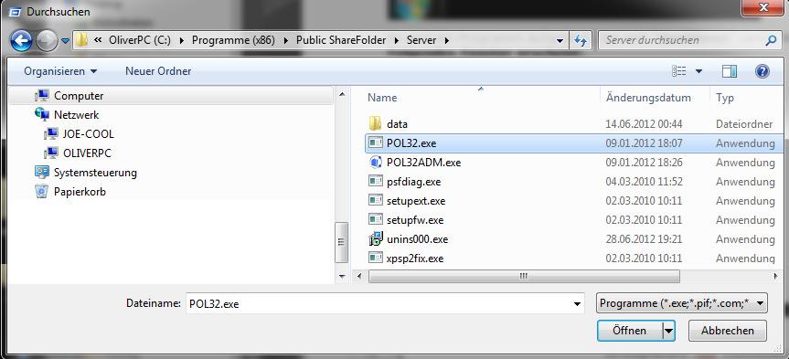 Wählen Sie nun bitte den Pfad zur Datei "pol32.exe" Normalerweise befindet sich die Datei in folgendem Pfad: "C:\Program Files (x86)\public ShareFolder\Server\POL32.