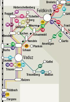 Verbindungen mit dem ÖV Buslinien: Buslinien von Feldkirch nach Liechtenstein: 11, 13, 14 Buslinie von Nofels nach Liechtenstein: 36 Betreiber: Liechtenstein Bus Anstalt (LBA) Bahnlinie: Von